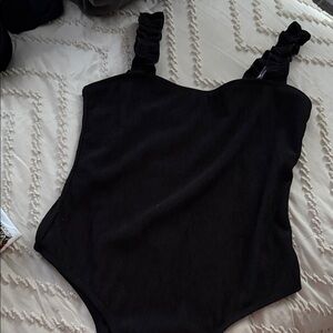Black Ribbed Bodysuit with Ruffle Straps